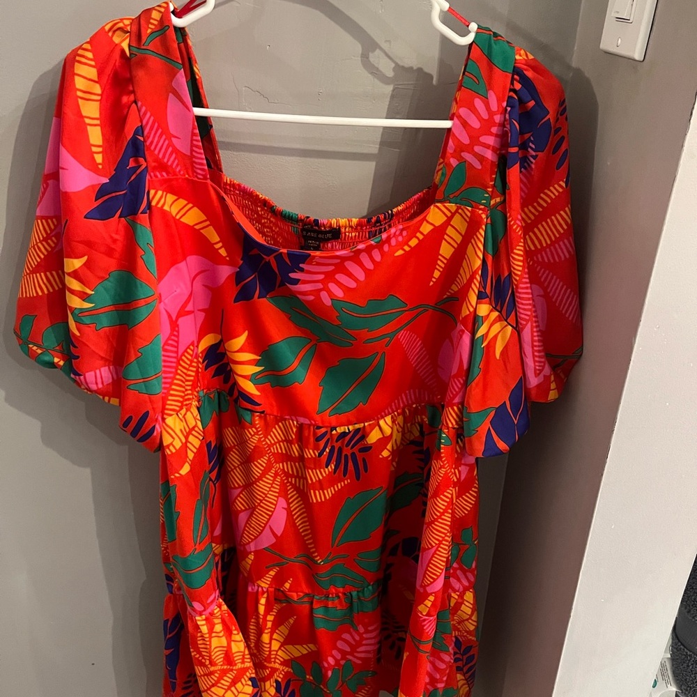 Vibrant Red and Green Leaf Print Dress